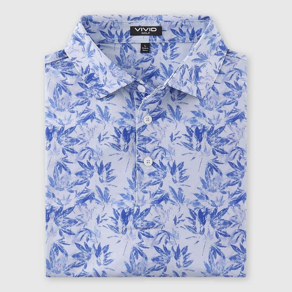 Vivid Golf Women Blue White Leaf Print Performance Polo Shirt Large Short Sleeve